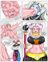 1boy 2010s 2girls absorption android_21 android_21_(good) angel_(dragon_ball) assimilation belmod black_sclera blue_eyes breasts dark_persona dragon_ball dragon_ball_fighterz dragon_ball_super english_text female humanoid klareszj long_hair majin majin_android_21 male marcarita multiple_girls pink_goo pink_skin pointy_ears possession red_eyes skin_color_change tail text transformation vermouth_(dragon_ball) white_hair