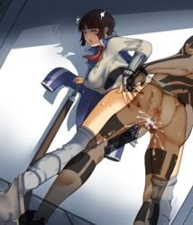 1boy 1girls ahe_gao anus ass bent_over breasts brown_eyes brown_hair cum cum_in_pussy cum_inside demi-fiend demon drooling female hitoshura isabeau_(smt) jacket megami_tensei nyahpa20 pussy pussy_juice red_scarf shin_megami_tensei shin_megami_tensei_iii:_nocturne shin_megami_tensei_iv short_hair spread_ass standing_sex sweat sword tattoo transparent_body tunic vaginal_penetration