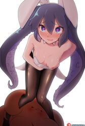 black_leggings black_tights blue_hair breasts bunny_ears bunny_girl bunny_suit chibiko clothes_down colored_sketch easter female heart-shaped_pupils leggings lewdishsnail nipple_peek nipples oc original_character pulling_down_dress sketch small_breasts solo solo_female squid squid_girl squii tentacle tentacle_hair tights