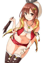 areola_slip areolae atelier_(series) atelier_ryza bangs bare_arms bare_shoulders black_legwear black_ribbon blush boots breasts brown_eyes cleavage collarbone commentary_request embarrassed eyebrows_visible_through_hair female hair_between_eyes highres holding jacket jewelry looking_at_viewer navel necklace o-ring oerba_yun_fang red_shorts reisalin_stout ribbon shorts simple_background skin_fang sleeveless sleeveless_jacket solo star_(symbol) thighhighs white_background white_legwear yellow_jacket zaxwu