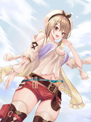 1girls :d absurdres arm_up atelier_(series) atelier_ryza bad_id bangs belt blush boots breasts brown_eyes brown_hair cloud cup6542 day hair_between_eyes hair_ornament hairclip hat highres looking_at_viewer medium_breasts navel open_mouth outdoors pouch red_shorts reisalin_stout round-bottom_flask shirt short_hair short_shorts shorts sidelocks sky smile solo thick_thighs thigh_boots thighhighs thighs white_headwear white_legwear white_shirt