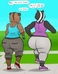 absurd_res anthro anthrofied ass big_butt black_body black_fur blue_sky brown_body brown_fur dreamworks duo english_text female fur hedge hi_res jogging mammal mephitid over_the_hedge oystercatcher7 procyonid public_park raccoon rj_(over_the_hedge) rule_63 skunk sky slightly_chubby stella_(over_the_hedge) tailless text thick_thighs wide_hips yoga_pants