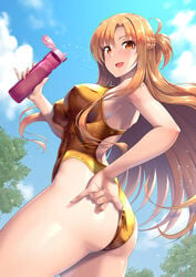 from_behind gold_swimsuit highleg_swimsuit holding_object large_breasts long_hair looking_at_viewer nipples_visible_through_clothing one-piece_swimsuit orange_eyes orange_hair outside smile swimsuit sword_art_online yuuki_asuna