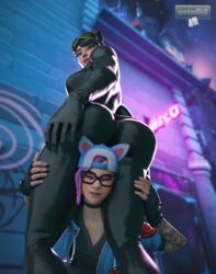 2girls 3d 3d_(artwork) batman_(series) black_hair black_suit catwoman catwoman_(fortnite) claws closed_eyes clothed dc dc_comics female female_only fortnite fortnite:_battle_royale glasses goggles hands_on_thighs hat latex latex_suit looking_at_another lynx_(fortnite) pink_hair selina_kyle tagme thick_thighs wide_hips wotm8h8