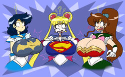 3girls ami_mizuno batman_(cosplay) bishoujo_senshi_sailor_moon breast_expansion breasts cleavage clothing cosplay da-fuze dc female female_only huge_breasts large_breasts makoto_kino sailor_jupiter sailor_mercury sailor_moon shocked_expression super_boobs superman_(cosplay) usagi_tsukino wonder_woman_(cosplay)