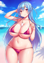 1girls 2020 :p ahoge beach between_breasts bikini blue_hair blue_sky blush breasts cowboy_shot curvy day food food_between_breasts hair_ornament hairclip halter_top halterneck highres huge_breasts ice_cream_on_breasts long_hair looking_at_viewer mole mole_under_eye navel original outdoors plump popsicle red_bikini red_eyes skindentation sky smile solo sweat swimsuit tongue tongue_out tsukumiya_amane two_side_up very_long_hair