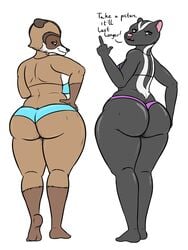 3:4 anthro anthrofied ass big_butt bikini bikini_thong black_body black_fur breasts brown_body brown_fur clothing duo english_text eye_bags female furry glistening hi_res looking_back mammal mature_anthro mature_female mephitid middle_finger over_the_hedge oystercatcher7 presenting presenting_hindquarters procyonid raccoon rj_(over_the_hedge) rule_63 simple_background skunk slightly_chubby stella_(over_the_hedge) swimwear text white_background