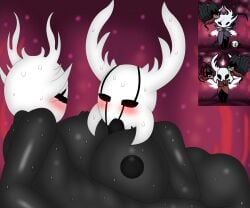 1boy 1boy1girl 1girls 2022 big_breasts black_body black_nipples fan_character female hollow_knight large_breasts looking_at_partner magalnik male oc paizuri self_upload tagme team_cherry vessel_(species) white_head