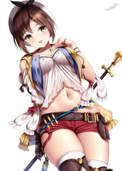 :d atelier_(series) atelier_ryza bangs belt blush breasts brown_eyes brown_hair buckle collarbone commentary cowboy_shot female gloves hair_ornament hairclip hat highres holding holding_staff jewelry looking_at_viewer midriff navel necklace open_mouth red_shorts reisalin_stout short_hair short_shorts shorts sidelocks signature simple_background skindentation smile solo staff star_(symbol) star_necklace thighhighs thighs white_background white_headwear wsman