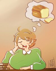 book bread bread_loaf breasts brown_background brown_hair closed_eyes clothing desk dreaming female food green_shirt hungry inkerton-kun inkuusan large_breasts mama-chan mother short_hair solo thinking