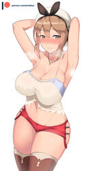 armpits arms_up artist_name atelier_(series) atelier_ryza beret blush breasts brown_eyes brown_hair brown_legwear camisole cleavage closed_mouth commentary devilukez eyebrows_visible_through_hair female furrowed_brow groin hair_between_eyes hat highres jewelry large_breasts looking_at_viewer navel necklace nose_blush patreon red_shorts reisalin_stout short_shorts shorts skindentation smile solo standing star_(symbol) star_necklace thighhighs watermark web_address white_background white_headwear