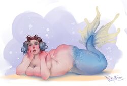 ass bbw black_hair blue_hair breast_press breasts cleavage female fin hands_on_head large_ass lying_down mermaid multicolored_hair pinup riskyeros tail