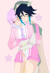 azusa_yaotome black_hair blue_hair cape drooling femboy femboy_on_femboy genshin_impact green_eyes indie_virtual_youtuber kakyoinnoriak14 leaking leaking_cum leaking_precum looking_at_viewer male one_eye_closed peeing penis pink_sweater pissing pissing_on_another purple_eyes purple_hair streamer teal_eyes thighs tie tights trembling twitch.tv venti_(genshin_impact) virtual_youtuber watersports wet wet_clothes