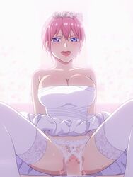 1boy 1girls animated bangs bare_shoulders blue_eyes blush bouncing_breasts breasts bridal_veil bride censored cleavage clothed clothed_female clothed_sex cowgirl_position crotchless_panties dominant_female dress elbow_gloves female flower gloves go-toubun_no_hanayome hair_between_eyes hair_flower hair_ornament happy_sex large_breasts looking_at_viewer male_pov mosaic_censoring mushiro_(nijie728995) nakano_ichika open_mouth panties penis pink_hair pov pov_eye_contact pussy riding sex short_hair sleeveless sleeveless_dress smile solo_focus spread_legs stockings straddling straight strapless strapless_dress submissive_male thick_thighs thighhighs underwear vaginal_penetration veil wedding_dress white_dress white_flower white_gloves white_legwear wholesome wide_hips