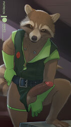 1boy 2021 absurd_res anhes anthro balls ballsack belt black_nose body_fur brown_eyes brown_fur brown_tail claws clothed clothing erection fluffy_tail foreskin foreskin_folds gloves guardians_of_the_galaxy handwear hi_res humanoid_penis intact looking_at_viewer male male_only mammal marvel maw mostly_nude multicolored_fur multicolored_tail open_mouth penis penis_out presenting presenting_balls presenting_penis raccoon retracted_foreskin rocket_raccoon scrotum sharp_claws solo standing tan_fur tan_tail testicles thick_thighs toe_claws uncut uniform vein veiny_penis whiskers