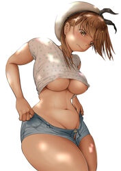 areola_slip areolae atelier_(series) atelier_ryza belly belly_button blush booty_shorts breasts brown_eyes brown_hair child_bearing_hips cleavage covered_erect_nipples denim denim_shorts dressing erect_nipples erection_under_clothes female grimace hair_ornament hairclip halterneck highres hot_pants hotpants kasu_(kasunohikari) large_breasts navel open_fly reisalin_stout short_hair short_shorts shorts solo thick_thighs thighs tummy underboob white_background white_headwear wide_hips