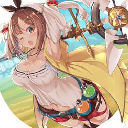 arms_up atelier_(series) atelier_ryza baakurou bangs belt blue_belt blush breasts brown_belt brown_eyes brown_hair cleavage female flask hair_ornament hairclip hat highres jacket jewelry large_breasts leather_belt looking_at_viewer navel necklace one_eye_closed open_mouth red_shorts reisalin_stout round-bottom_flask short_hair short_shorts shorts sleeveless sleeveless_jacket solo star_(symbol) star_necklace tears thighhighs upper_body upper_teeth vial white_headwear yellow_jacket