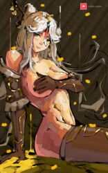 2bells1ravine art artist_name belly big_breasts breast_squeeze covering dark_background genshin_impact gloves long_hair milf ningguang_(genshin_impact) no_panties ornaments patreon patreon_username simple_background smiling stockings white_hair