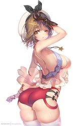 ass atelier_(series) atelier_ryza back bangs bare_shoulders black_ribbon blush breasts brown_eyes brown_gloves brown_hair female gloves hong_(white_spider) jewelry large_breasts leather_belt looking_at_viewer looking_back necklace one_eye_closed open_mouth parted_bangs red_shorts reisalin_stout ribbon short_hair short_shorts shorts sideboob simple_background solo thighhighs thighs white_background white_headwear white_legwear