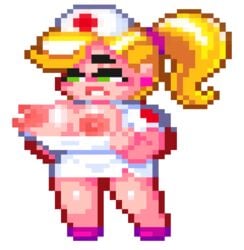 animated big_breasts boob_window breast_squish breasts breasts_out casual casual_nudity clothed colored exposed_breasts female female_only no_bra nurse nurse_(terraria) nurse_cap nurse_uniform pixel_art ponytail raised_eyebrows tagme teasing terraria terraria_(lewdrraria) unknown_artist