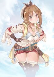 1girls absurdres atelier_(series) atelier_ryza b_b_b_b66 bangs bare_shoulders belt blush bow breasts brown_eyes brown_gloves brown_hair buckle cleavage closed_mouth clothing_cutout cloud collarbone detached_sleeves eyebrows_visible_through_hair fog gloves hair_ornament hairclip hands_on_hips hat head_tilt highres jacket jewelry leaning_forward leather leather_belt leather_gloves legs_crossed looking_at_viewer medium_breasts medium_hair navel navel_cutout necklace open_clothes open_jacket pose potion red_shorts reisalin_stout round-bottom_flask short_hair short_shorts shorts single_glove skindentation sky smile solo standing star_(symbol) thigh_gap thighhighs thighs vial white_headwear white_legwear yellow_jacket