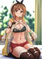 atelier_(series) atelier_ryza beret black_bra blurry blurry_background bra breasts brown_eyes brown_footwear brown_gloves brown_hair cleavage closed_mouth collarbone commentary curtains depth_of_field english_commentary female gloves hair_ornament hairclip hat highres holster jewelry kazenokaze large_breasts lifted_by_self looking_at_viewer navel necklace red_shorts reisalin_stout seiza shirt_lift short_hair short_shorts shorts single_glove sitting skin_fang solo stomach thick_thighs thighhighs thighs underwear wavy_mouth white_headwear window