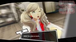 1boy 1girls 3d ann_takamaki blonde_hair blue_eyes bunnxarts clothing cum cum_on_face cumshot female fully_clothed human male one_eye_closed persona persona_5 straight text text_box