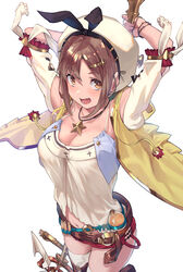 1girls arms_behind_head arms_up atelier_(series) atelier_ryza bare_shoulders belt blush boots bracelet breasts brown_eyes brown_hair cleavage commentary_request detached_sleeves hair_ornament hairband hairclip hat highres jacket jewelry large_breasts looking_at_viewer navel necklace open_mouth red_shorts reisalin_stout satsuki_neko sharp_teeth short_hair short_shorts shorts simple_background smile solo teeth thigh_boots thighhighs white_background white_legwear