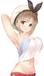 armpits arms_behind_head arms_up atelier_(series) atelier_ryza bare_arms bare_shoulders beret breasts brown_hair cleavage closed_mouth collarbone commentary_request crop_top crop_top_overhang female groin hat highres large_breasts looking_at_viewer midriff mimikaki_(men_bow) navel red_eyes red_shorts reisalin_stout shirt short_hair shorts sidelocks simple_background sleeveless sleeveless_shirt smile solo spaghetti_strap stomach upper_body white_background white_headwear white_shirt