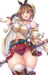 :d atelier_(series) atelier_ryza belt breasts brown_eyes brown_gloves brown_hair brown_legwear cleavage denpa denpa_(denpae29) eyebrows_visible_through_hair female gloves hair_ornament hairclip hat looking_at_viewer medium_breasts open_mouth red_shorts reisalin_stout short_hair short_shorts shorts simple_background single_glove smile solo teeth thigh_gap thighhighs thighs upper_teeth white_background white_headwear white_legwear