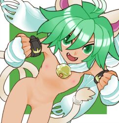 :d animal_ears antenna_hair bell beryl_(shinrabanshou) cat_ears cat_girl cat_tail fangs female green_eyes green_hair hair_between_eyes jingle_bell nipples pussy scarf shinrabanshou short_hair sicky_(pit-bull) smile solo tail tail_ornament tail_ring white_scarf