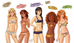 5girls annabeth_chase auburn_hair black_hair blonde_hair blue_eyes blush boyshorts brown_eyes brown_hair brown_skin cowboy_shot dark-skinned_female dark_skin dialogue embarrassed english_dialogue english_text feather_in_hair female female_only freckles gold_eyes green_eyes hazel_levesque heroes_of_olympus hips kitt2506 light-skinned_female light_skin lineup multiple_girls orange_hair percy_jackson_and_the_olympians piper_mclean purple_bra purple_panties purple_underwear rachel_elizabeth_dare red_hair redhead reyna_ramirez_arellano small_breasts speech_bubble sports_bra teenager underwear white_bra white_panties white_underwear yellow_eyes