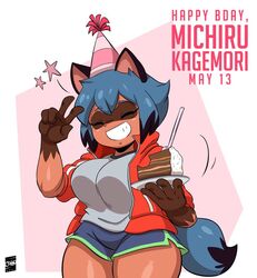 big_breasts birthday_cake birthday_hat blue_hair brand_new_animal cake clothed joaoppereiraus michiru_kagemori peace_sign shorts shortstack smiling smiling_at_viewer stars tanuki thick_legs thick_thighs