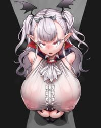 1girls big_breasts blush breasts cham22 chamchami draculina_(last_origin) female grey_hair hair_ornament high_resolution huge_breasts last_origin long_hair nipples nipples_visible_through_clothing pointy_ears red_eyes see-through see-through_clothing see_through standing thick_thighs thighhighs tight_clothing twintails vampire white_blouse