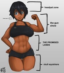 1girls 2021 abs absurd_res bare_arms bare_shoulders biceps black_clothing black_hair blue_eyes breasts buruma clothing cute dark-skinned_female dark_skin english_text female female_only flexing flexing_bicep freckles grey_background hand_on_hip highres large_breasts looking_at_viewer meme midriff muscles muscular muscular_female navel original signature simple_background smile solo sports_bra sportswear standing text thick_thighs thigh_gap thighs tomboy tomboy_sama