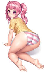 1girls :o bang_dream! barefoot butt feet female female_only lambda_(kusowarota) looking_at_viewer looking_back looking_back_at_viewer maruyama_aya panties partially_clothed pink_hair purple_eyes rear_view short_twintails solo solo_female t-shirt twintails underwear