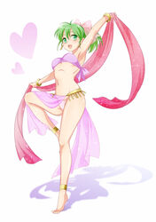 1girls absurdres anklet arm_up armpits bangs bare_legs barefoot bracelet dancer dancing earrings female fire_emblem fire_emblem:_genealogy_of_the_holy_war green_eyes green_hair hair_ribbon ham_pon heart highres holding jewelry legs lene_(fire_emblem) midriff nintendo open_mouth panties pink_panties ponytail ribbon shadow short_hair simple_background smile solo solo_female underwear