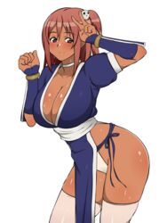 breasts cleavage clothing cosplay dark_skin dead_or_alive dead_or_alive_5 female hair_ornament highleg highleg_panties highres honoka_(doa) kagemusha kasumi_(doa) kasumi_(doa)_(cosplay) large_breasts no_bra one_side_up panties parted_lips pelvic_curtain red_eyes simple_background smile solo stockings sweat tan tanned thighhighs underwear v white_background white_legwear white_panties