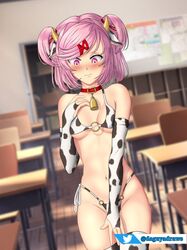 1girls bikini blush breasts classroom collar covering_breasts cow_girl cow_print cow_print_bikini cow_print_lingerie cow_print_thighhighs cow_print_thong cowbell daguya_draws doki_doki_literature_club embarrassed female_solo looking_down natsuki_(doki_doki_literature_club) pink_eyes pink_hair short_hair shorts small_breasts solo solo_female thighhighs thighs