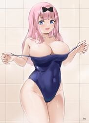 1girls bangs bath bathroom big_breasts blue_eyes blush breasts busty cleavage fujiwara_chika hairbow huge_breasts kaguya-sama_wa_kokurasetai_~tensai-tachi_no_renai_zunousen~ light-skinned_female looking_at_viewer navel oliver_koito one-piece_swimsuit pink_hair shower smile smiling swimsuit teasing thighs tight_clothing undressing