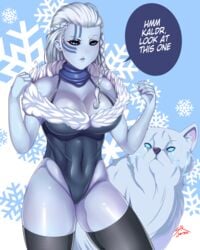 1girls blue_eyes blue_skin braid breasts cleavage clothed divine female fur_trim goddess kaldr leotard mythology norse_mythology sir_jangos skadi skadi_(smite) smite speech_bubble text thighhighs white_hair wolf