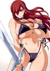 ass_visible_through_thighs bikini black_bikini breasts brown_eyes cameltoe choker cleavage commission covered_nipples earrings erza_scarlet fairy_tail female flower hair_flower hair_ornament hair_over_one_eye highres holding holding_sword holding_weapon jewelry large_breasts long_hair looking_at_viewer navel parted_lips red_hair simple_background skeb_commission solo swimsuit sword weapon white_background yajiro_masaru