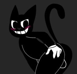 1boy anthro backsack balls big_eyes black_background black_eyes black_fur black_nose blush bulge cartoon_cat cat_ears cat_tail cute feline gay grabbing_ass male_only riskaver_(artist) showing_ass smiling tail_up trevor_henderson white_gloves yaoi