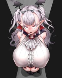 1girls big_breasts blush breasts cham22 chamchami draculina_(last_origin) female grey_hair hair_ornament high_resolution huge_breasts last_origin long_hair pointy_ears red_eyes standing thick_thighs thighhighs tight_clothing twintails vampire white_blouse