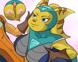 absurd_res alien angela_cross_(ratchet_and_clank) anthro anthro_on_anthro areola big_breasts blue_eyes bodily_fluids breast_squish breasts brown_stripes clothed clothing female female_focus fur genital_fluids genitals gloves hair hand_on_cheek hand_on_face handwear harness headgear headwear hi_res incog123 internal jumpsuit lombax male male/female mammal nipples outercourse paizuri paizuri_under_clothes penis pink_nipples ponytail precum ratchet_(ratchet_and_clank) ratchet_and_clank sex sitting smile sony_corporation sony_interactive_entertainment squish stripes video_games x-ray yellow_body yellow_fur