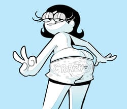 1girls ass ass_cleavage black_hair blue_background butt_crack eyelashes female female_focus female_only hips large_ass looking_at_viewer looking_back mostly_nude no_color no_shirt peace_sign pop-tart_girl pop-tarts short_hair shorts solitaryscribbles solo_female thighs tight_clothing v