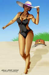 1girls astromech_droid barefoot beach big_breasts breasts brown_eyes buried_in_sand chopper_(star_wars) clothed clothing colored_hair dastigy droid feet female_focus female_only hat one-piece_swimsuit pose revealing_clothes robot sabine_wren sand short_hair simple_background smile solo standing star_wars star_wars_rebels sunglasses swimsuit text tinted_eyewear watermark wide_hips