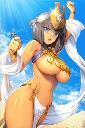 1girls armpits arms_up bangs black_hair blue_eyes bracelet day egyptian egyptian_clothes glint headgear jewelry large_breasts looking_at_viewer medium_hair menace navel official_art oosaki_shin'ya open_mouth outdoors panties pelvic_curtain queen's_blade revealing_clothes ring setra shawl shiny_skin sky solo tan underboob