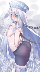 1girls arched_back arms_behind_back arms_tied arms_tied_behind_back ass belt_collar blue_eyes blush bondage boots breasts breasts_apart collar embarrassed fate/zero fate_(series) hat illyasviel_von_einzbern large_ass leash long_hair looking_at_viewer looking_away looking_to_the_side memo_amanohoshi nipples no_bra outdoors outside pants sitonai snow_boots topless topless_female type-moon very_long_hair white_hair