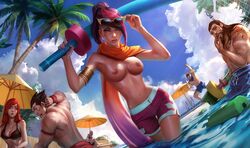 areolae breasts cleavage curvy darius_(league_of_legends) edit erect_nipples female fiora_laurent katarina_du_couteau large_breasts league_of_legends looking_at_viewer male nipples pool_party_fiora pool_party_series sunglasses_on_head topless wide_hips